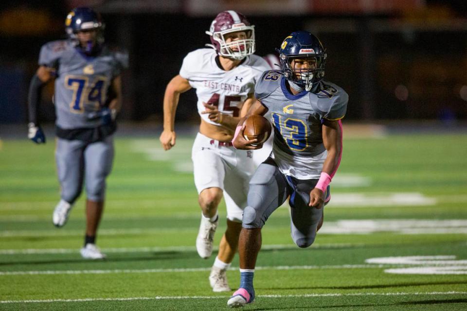 Gautier’s Solomon Baggett makes a break away for a touchdown during a game against East Central at Gautier High School in Gautier on Friday, Oct. 20, 2023.