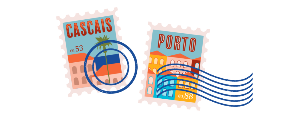 postage stamps for Cascais and Porto, Portugal, illustrated with colorful buildings