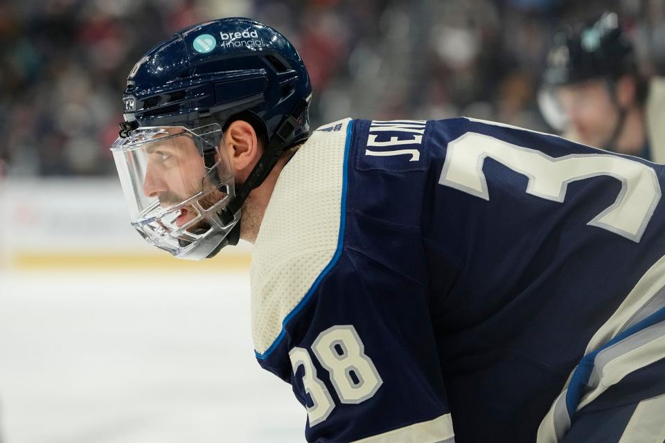 Jan 19, 2024; Columbus, Ohio, USA; Columbus Blue Jackets center Boone Jenner (38) lines up for a face off during the first period of the NHL hockey game against the New Jersey Devils at Nationwide Arena.