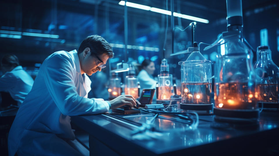 A laboratory filled with modern equipment, scientists examining the latest biotechnology breakthroughs.