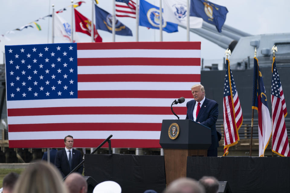 President Donald Trump speaks during an event to designate Wilmington as the first American World War II Heritage City, Wednesday, Sept. 2, 2020, in Wilmington, N.C. (AP Photo/Evan Vucci)