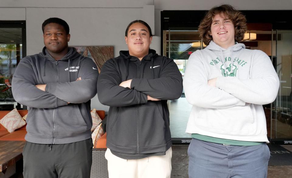 Newbury Park's T.J. Ford (left to right), Pacifica's Sonny Aina and St. Bonaventure's Shaun Torgeson, who will all attend Portland State, pose for a picture during the Ventura County Football Coaches Association's Signing Day Luncheon at the Palm Garden Hotel in Newbury Park on Wednesday, Feb. 7, 2024.