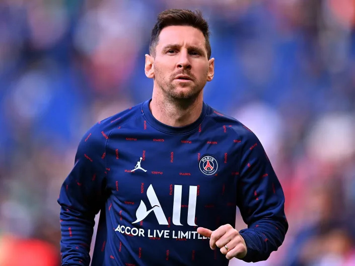 Leo Messi of Paris Saint-Germain looks on during warmup before the Ligue 1 Uber Eats match between Paris Saint Germain and ESTAC Troyes at Parc des Princes on May 08, 2022 in Paris, France.