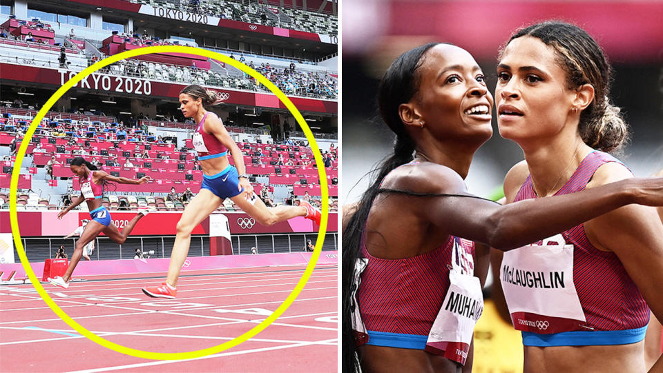 Sydney McLaughlin (pictured left) winning the women's 400m hurdles final and  American Dalilah Muhammad (pictured right) embracing McLaughlin in Tokyo. (Getty Images)