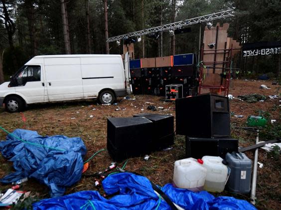 Equipment is seen at Thetford Forest, in Norfolk, after police shut down a suspected illegal rave, 30 August 2020. (Toby Melville/Reuters)