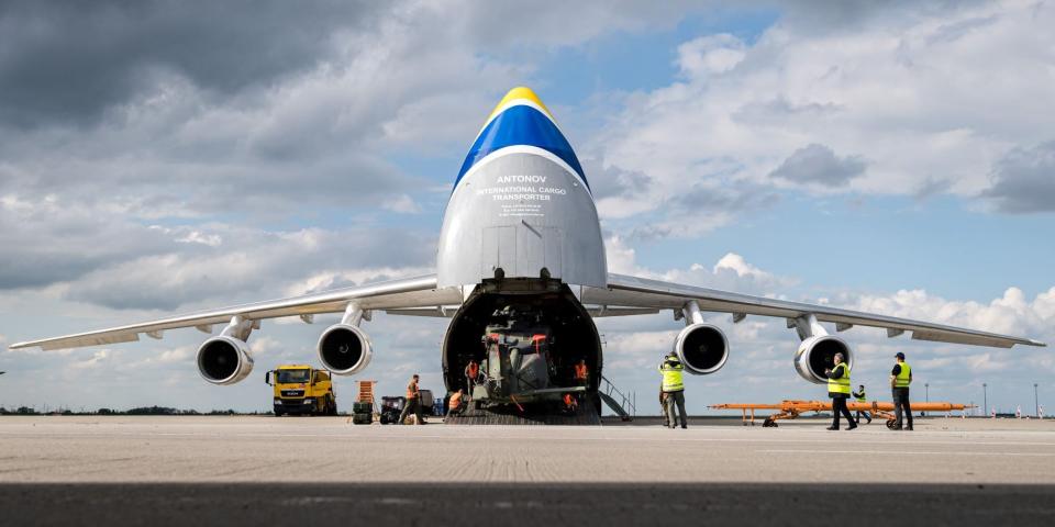 The An-124 being loaded, view from front with nose open.