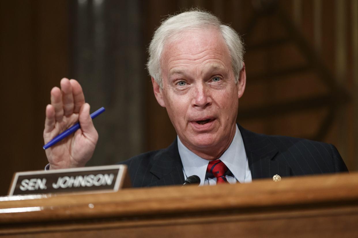 Sen. Ron Johnson, R-Wisc., speaks as Neera Tanden testifies before the Senate Homeland Security and Government Affairs committee on her nomination to become the Director of the Office of Management and Budget (OMB), during a hearing Tuesday, Feb. 9, on Capitol Hill in Washington. 