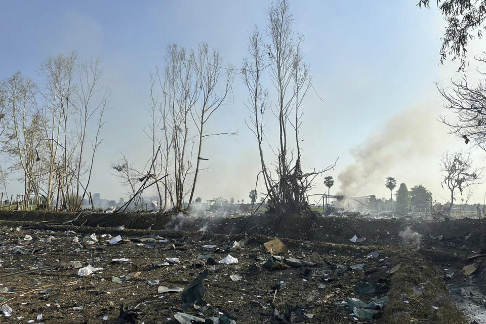 A smoke rises after an explosion at a firework factory in Suphan Buri province, Thailand, Wednesday, Jan. 17, 2024. The Thai government’s disaster relief agency says an explosion at a fireworks factory in central Thailand has killed at least 20 people. (Samerkun Suphan Buri Foundation via AP)