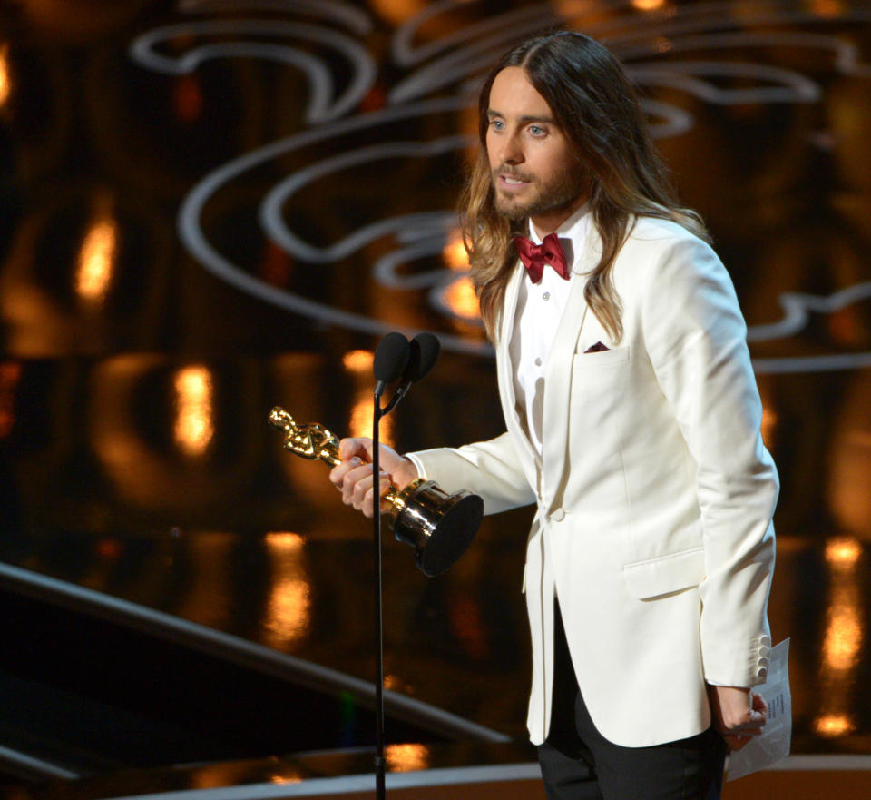 Jared Leto accepts the award for best actor in a supporting role for “Dallas Buyers Club” during the Oscars at the Dolby Theatre on Sunday, March 2, 2014, in Los Angeles. (Photo by John Shearer/Invision/AP)