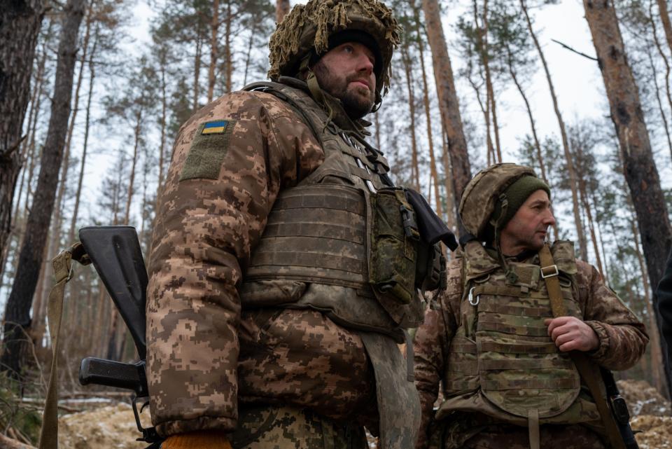 Members of Ukraine’s 95th Air Assault Brigade defend an area near the front line on Thursday (Getty Images)