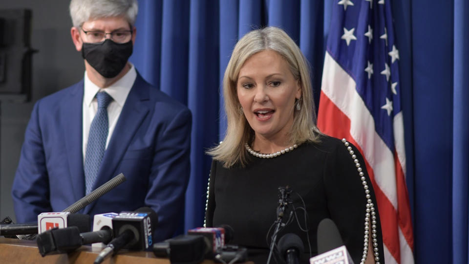 Oakland County prosecutor Karen McDonald addresses the media in her office, Friday, Dec. 3, 2021, in Pontiac, Mich.  (Max Ortiz/Detroit News via AP)