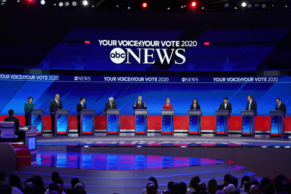 From left, Democratic presidential candidates Sen. Amy Klobuchar, D-Minn., Sen. Cory Booker, D-N.J., South Bend Mayor Pete Buttigieg, Sen. Bernie Sanders, I-Vt., former Vice President Joe Biden, Sen. Elizabeth Warren, D-Mass., Sen. Kamala Harris, D-Calif., entrepreneur Andrew Yang, former Texas Rep. Beto O'Rourke and former Housing Secretary Julian Castro resume their debate Thursday, Sept. 12, 2019, after a break during a Democratic presidential primary debate hosted by ABC at Texas Southern University in Houston. (AP Photo/David J. Phillip)