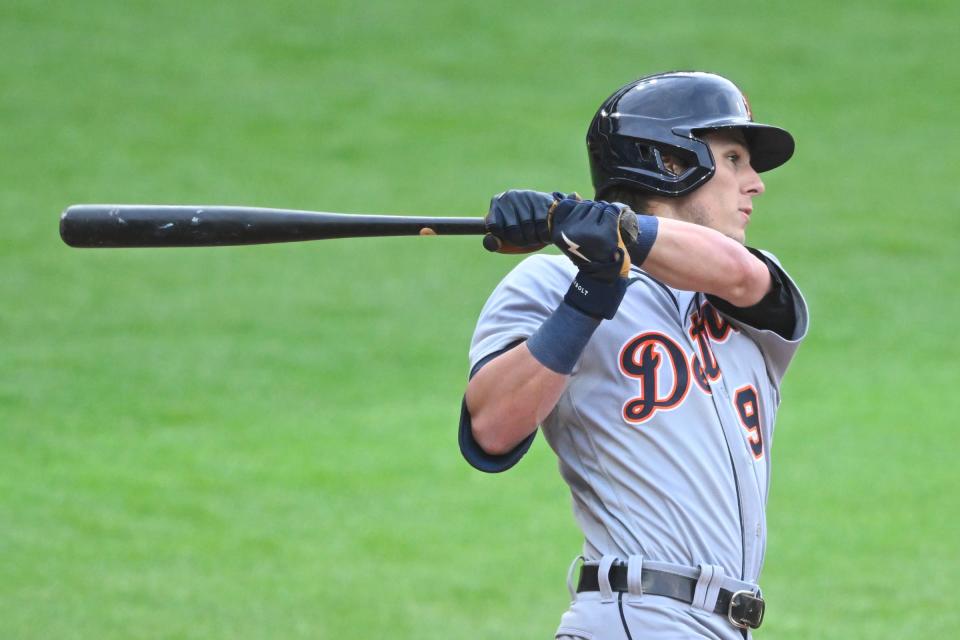 Tigers third baseman Nick Maton hits an RBI double in the third inning against the Guardians on Monday, May 8, 2023, in Cleveland.