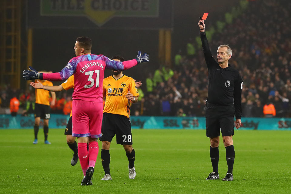 WOLVERHAMPTON, ENGLAND - DECEMBER 27: Ederson of Manchester City is sent off by referee Martin Atkinson during the Premier League match between Wolverhampton Wanderers and Manchester City at Molineux on December 27, 2019 in Wolverhampton, United Kingdom. (Photo by Chris Brunskill/Fantasista/Getty Images)