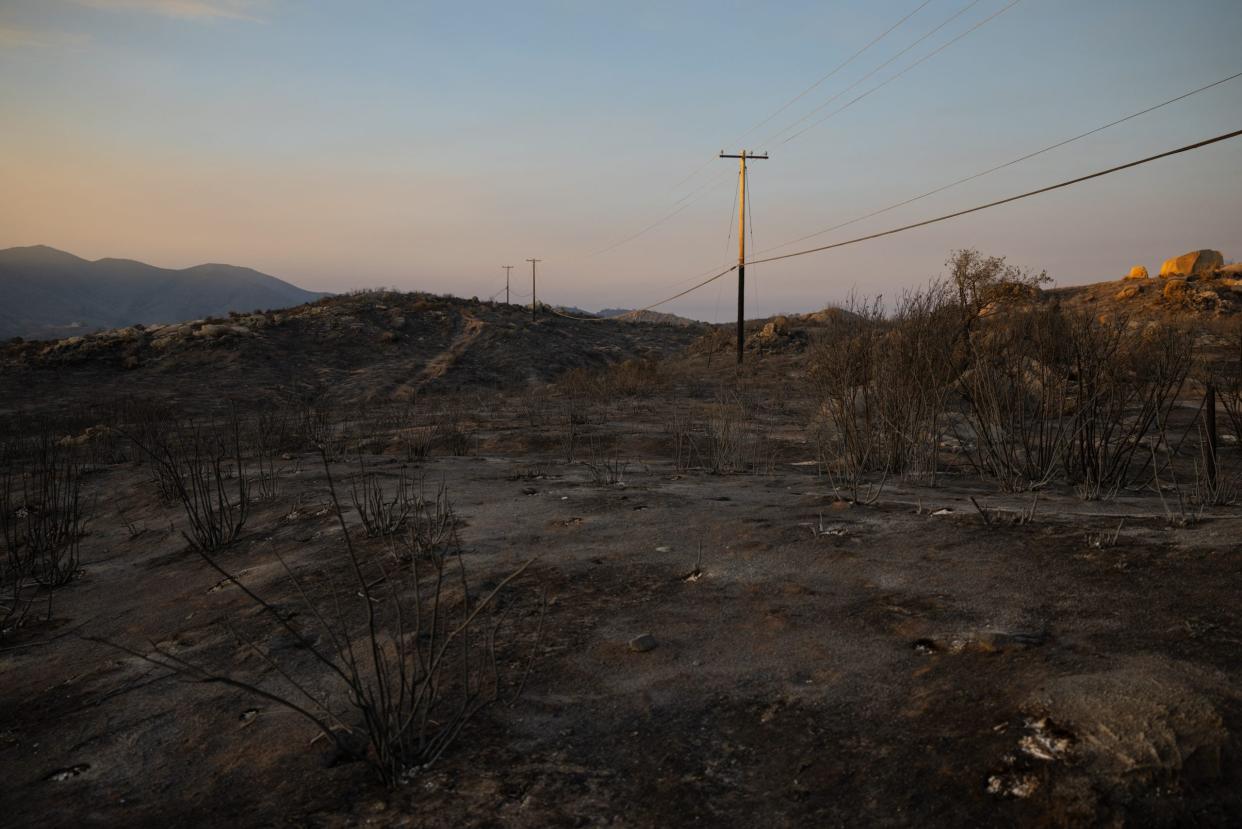 A burn scar from the Airport fire remains in Decker Canyon, off Highway 74, near Lake Elsinore, California on September 11, 2024.