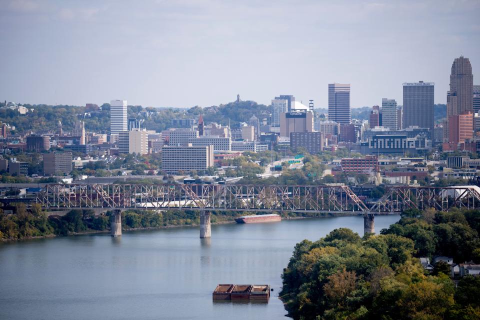 The Cincinnati skyline sits beyond the Cincinnati Southern Bridge, seen from East Price Hill.
