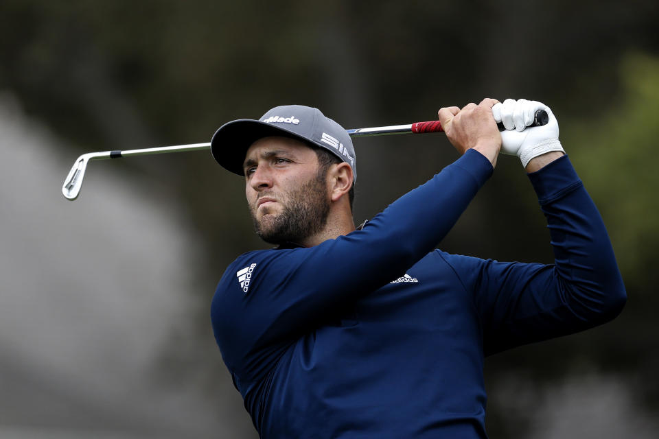 Jon Rahm of Spain, watches his shot on the fourth tee during the final round of the Zozo Championship golf tournament Sunday, Oct. 25, 2020, in Thousand Oaks, Calif. (AP Photo/Ringo H.W. Chiu)