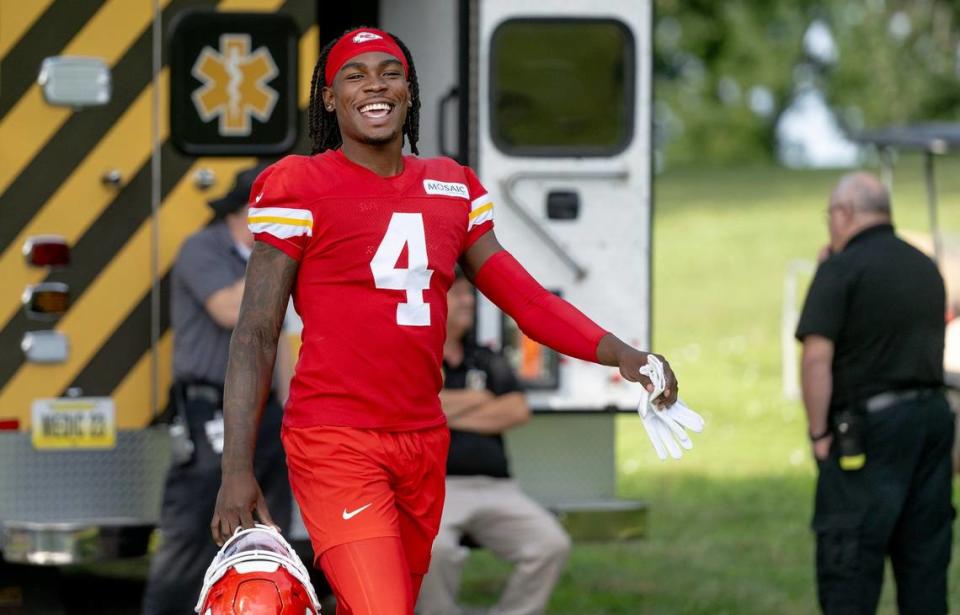 Kansas City Chiefs wide receiver Rashee Rice (4) walks to the practice field during the first day of NFL football training camp on Wednesday, July 19, 2023, in St. Joseph, Mo.