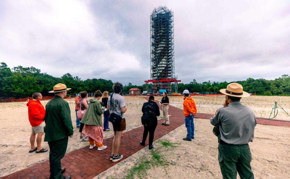 The National Park Service conducts a tour of the Cape Hatteras Lighthouse restoration project on Monday, July 1, 2024. The project is expected to cost $19.2 million and will include replacing 40,000 of its estimated 1,250,000 bricks, replacing rusted or broken metal components and the installation of a near-exact replica of the first-order Fresnel lens.