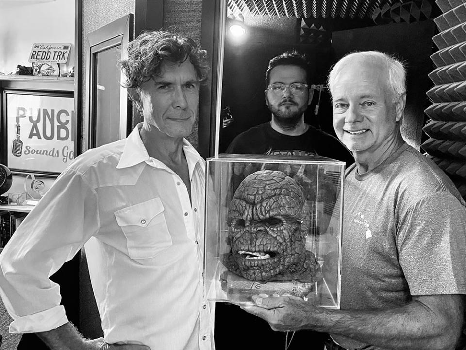 Joseph Culp with Alex Hyde-White (holding the Thing’s head) during the production process of adapting Forsaken: The Making and Aftermath of Roger Corman’s The Fantastic Four for Audible. - Credit: Courtesy of Alex Hyde-White