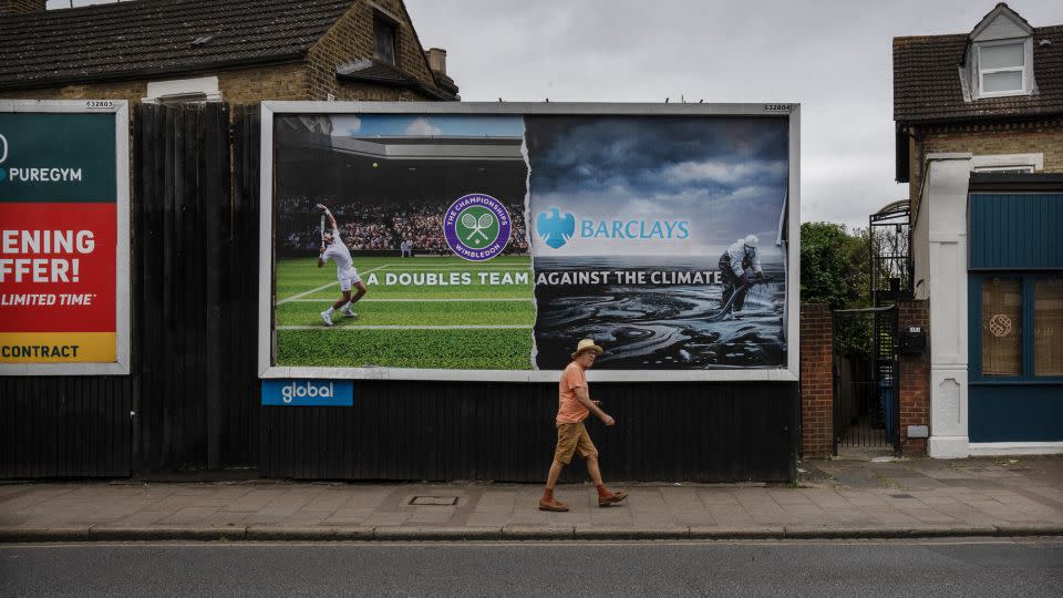 Another of the pieces of art -- by Matt Bonner -- protesting Barclays' sponsorship of Wimbledon. 30/6/24 Photo Tom Pilston. - Brandalism