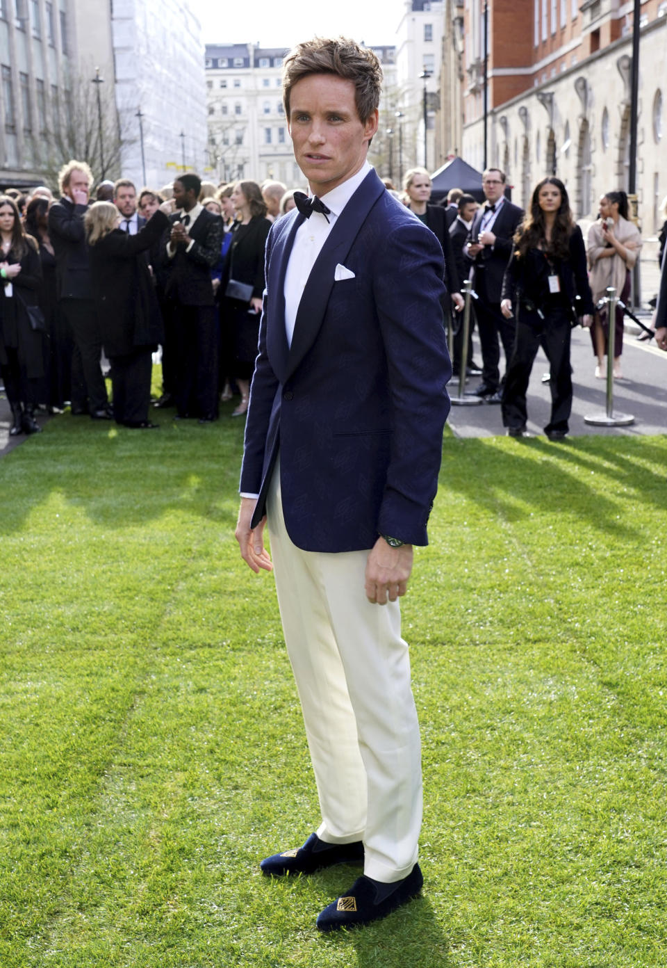 Eddie Redmayne arrives for the Laurence Olivier Awards at the Royal Albert Hall, London, Sunday April 10, 2022. (Ian West/PA via AP)