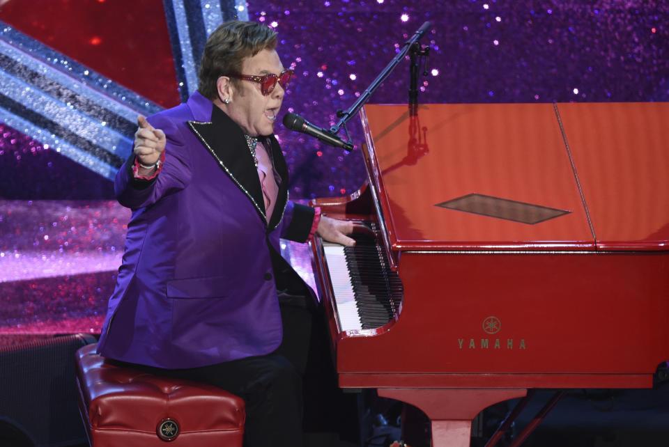 Elton John performs "(I'm Gonna) Love Me Again" nominated for the award for best original song from "Rocketman" at the Oscars on Sunday, Feb. 9, 2020, at the Dolby Theatre in Los Angeles. (AP Photo/Chris Pizzello)