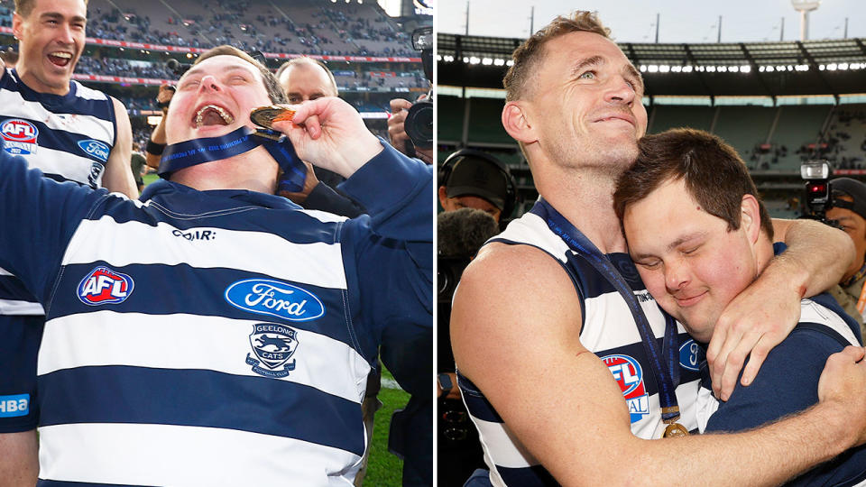 Pictured here, Geelong captain Joel Selwood celebrates his side's AFL grand final win with Cats fan Sam Moorfoot.