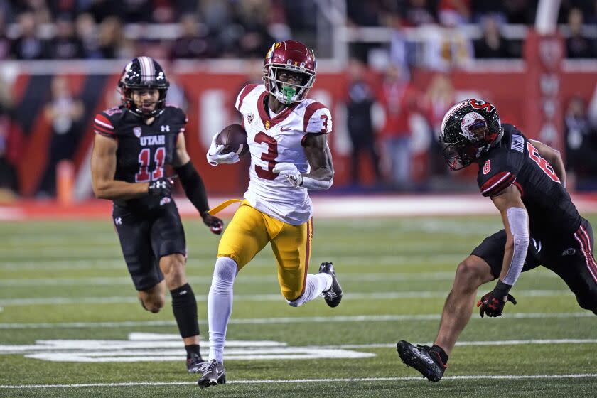 Southern California wide receiver Jordan Addison (3) carries the ball against Utah during the first half of an NCAA college football game Saturday, Oct. 15, 2022, in Salt Lake City. (AP Photo/Rick Bowmer)