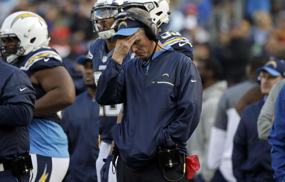 San Diego Chargers head coach Mike McCoy reacts during the second half of an NFL football game against the Kansas City Chiefs, Sunday, Jan. 1, 2017, in San Diego. (AP Photo/Alex Gallardo)