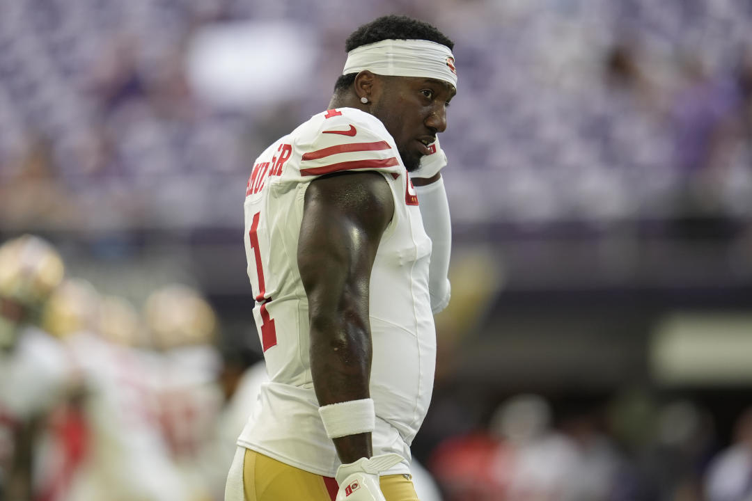 San Francisco 49ers wide receiver Deebo Samuel Sr. (1) stands on the field before an NFL football game against the Minnesota Vikings, Sunday, Sept. 15, 2024, in Minneapolis. (AP Photo/Abbie Parr)