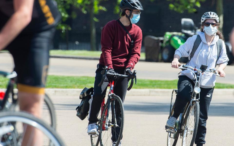 The Daily Telegraph Cyclists at Hyde Park Corner in Central London Cycle shops are reporting sales surges since the start of the coronavirus pandemic