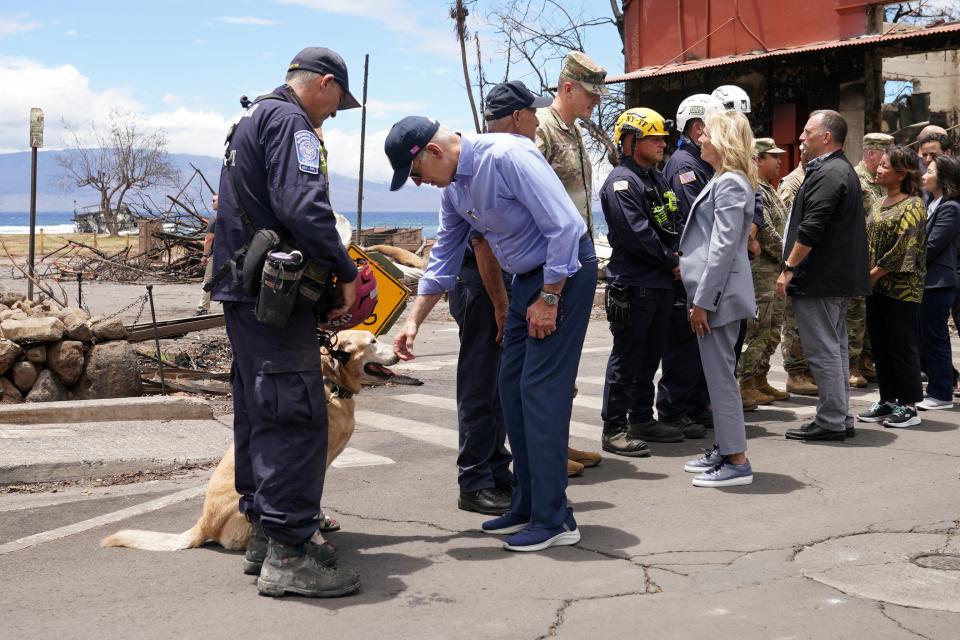 U.S. President Joe Biden and first lady Jill Biden meet first responders and a rescue dog in the fire-ravaged town of Lahaina (REUTERS)