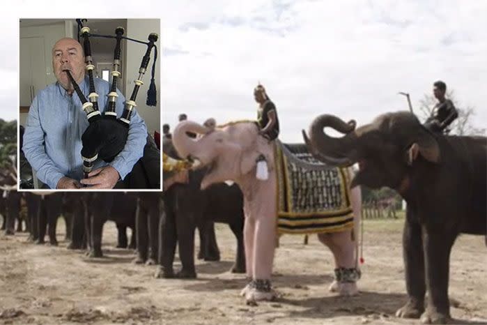 John Simpson will lead a parade of elephants playing bagpipes to honour Thailand's fallen king. Photo: 7 News.