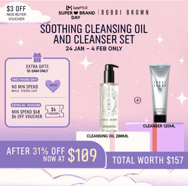 [24 JAN EXCLUSIVE] Bobbi Brown 2pcs set with Soothing cleansing Oil 200ml + Cleanser (worth $157)- Soothing Cleansing Oil and Cleanser Set. PHOTO: Lazada