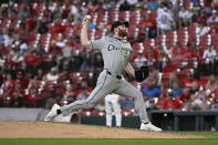 Chicago White Sox relief pitcher John Brebbia throws against the St. Louis Cardinals during the 10th inning of a baseball game Saturday, May 4, 2024, in St. Louis. (AP Photo/Jeff Le)