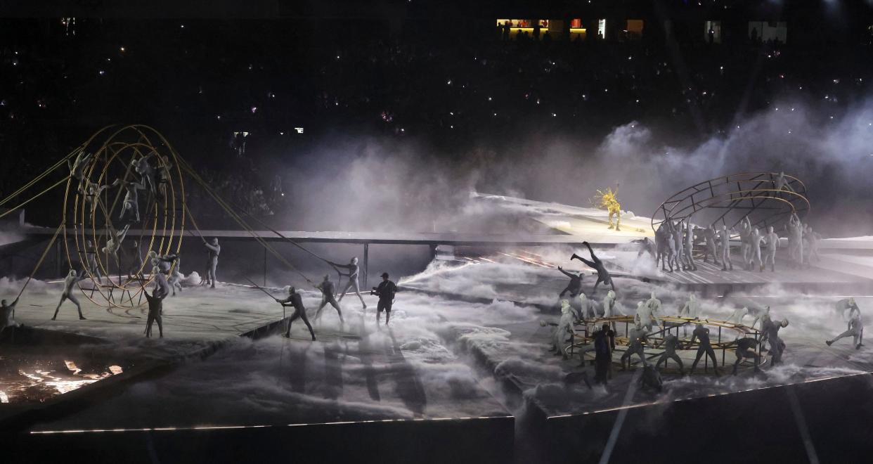 Artistic dancers and light attraction are performed during the Closing Ceremony at Stade de France in Saint-Denis, France on August 11, 2024. The 2028 Summer Olympics, will be hosted by the city of Los Angeles, and the LA28 is scheduled to take place from July 14–30, 2028, in the United States. ( The Yomiuri Shimbun via AP Images )