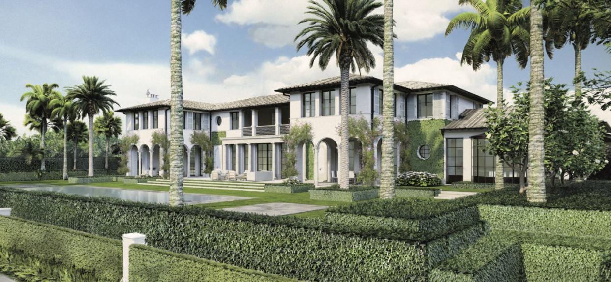 A rendering of the lakefront side of a house designed for 304 Maddock Way in Palm Beach shows loggias, a veranda and a poolside terrace. The house fronts the Lake Trail.