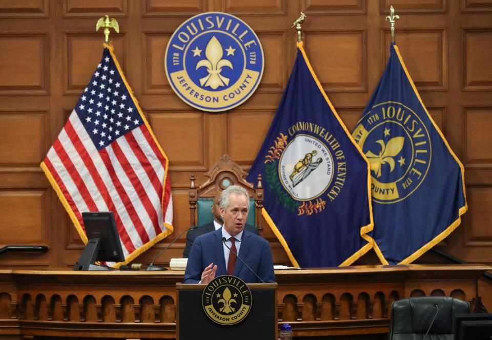 Mayor Greg Fischer issues his budget cuts proposal during a meeting of the Louisville Metro Council.
Apr. 25, 2019