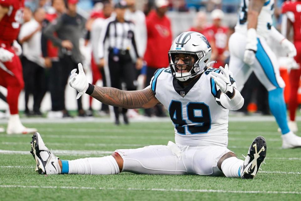 Carolina Panthers linebacker Frankie Luvu (49) celebrates during a game against the Arizona Cardinals at Bank of America Stadium in Charlotte, N.C., Sunday, Oct. 2, 2022.