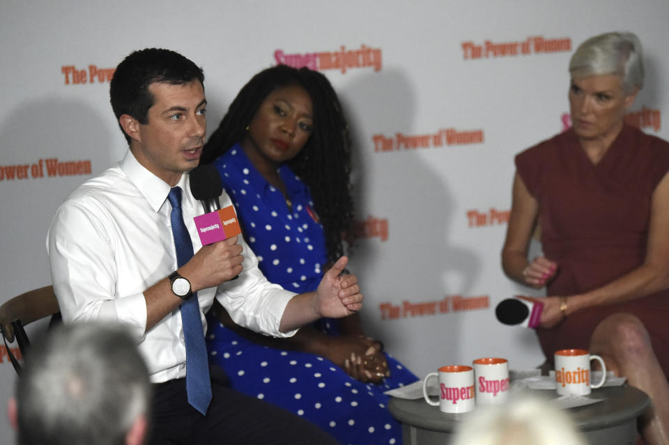 Democratic presidential candidate and South Bend, Indiana, Mayor Pete Buttigieg speaks Tuesday, Sept. 17, 2019, as activists Alicia Garza, center, and Cecile Richards, right, look on during an event with Supermajority in Columbia, S.C. (AP Photo/Meg Kinnard)