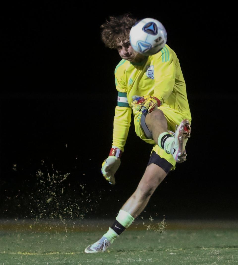 St. Mark's goalkeeper Andrew Wenger blasts a goal kick on Oct. 6 against Salesianum. The Spartans are the No. 1 seed in the DIAA Division II Boys Soccer Tournament.