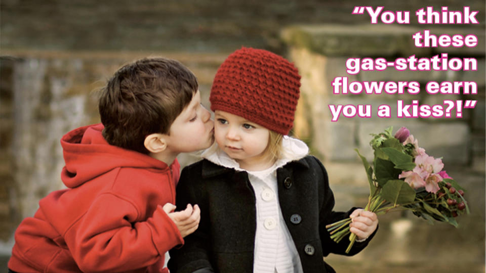 Valentine's Day Jokes: Boy kissing girl on cheek with caption, 