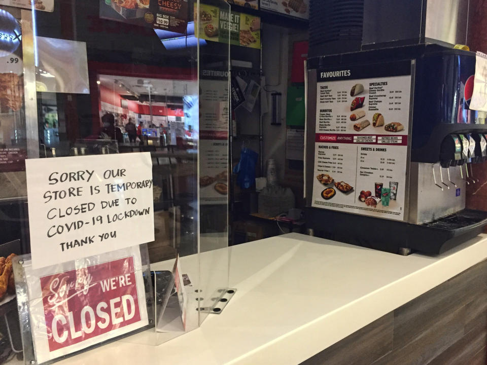 Closed restaurant at a shopping mall during the second lockdown in Toronto during the novel coronavirus (COVID-19) pandemic in Toronto, Ontario, Canada on December 07, 2020. Ontario reported 1925 new COVID-19 cases today and 26 new virus related deaths, setting a new single-day record for daily cases reported in a 24-hour period since the start of the pandemic. (Photo by Creative Touch Imaging Ltd./NurPhoto via Getty Images)