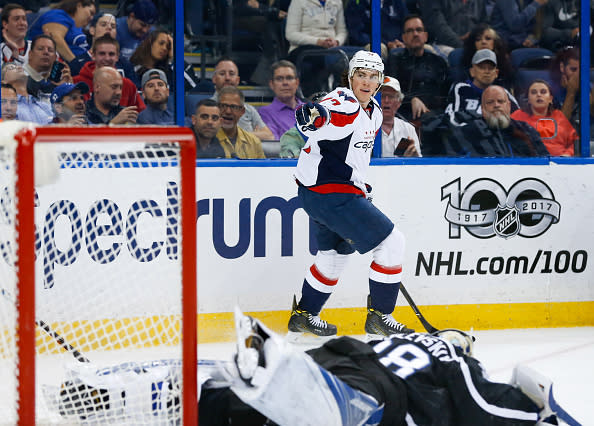 TAMPA, FL – MARCH 18: T.J. Oshie #77 of the Washington Capitals celebrates a goal against goalie Andrei Vasilevskiy #88 of the Tampa Bay Lightning during the first period at Amalie Arena on March 18, 2017 in Tampa, Florida. (Photo by Mark LoMoglio/NHLI via Getty Images)