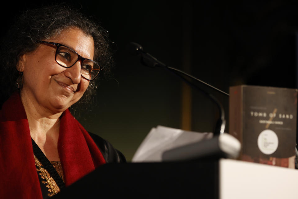 Author Geetanjali Shree delivers her acceptance speech after winning the 2022 International Booker Prize for her novel 'Tomb of Sand' in London, Thursday, May 26, 2022. (AP Photo/David Cliff)