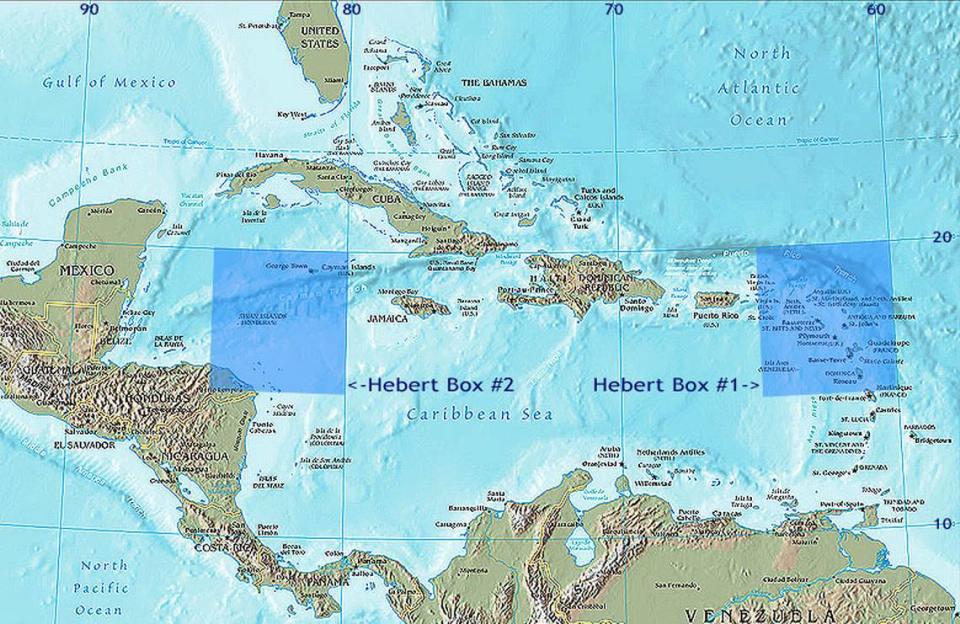 Hebert Boxes are named for former National Weather Service and National Hurricane Center forecaster Paul Hebert, who observed in the late 1970’s that most strong hurricanes (characterized as those with winds exceeding 110 miles per hour) which had struck South Florida since 1900 had also passed through one of these two small 335-mile-by-335-mile square geographic regions.