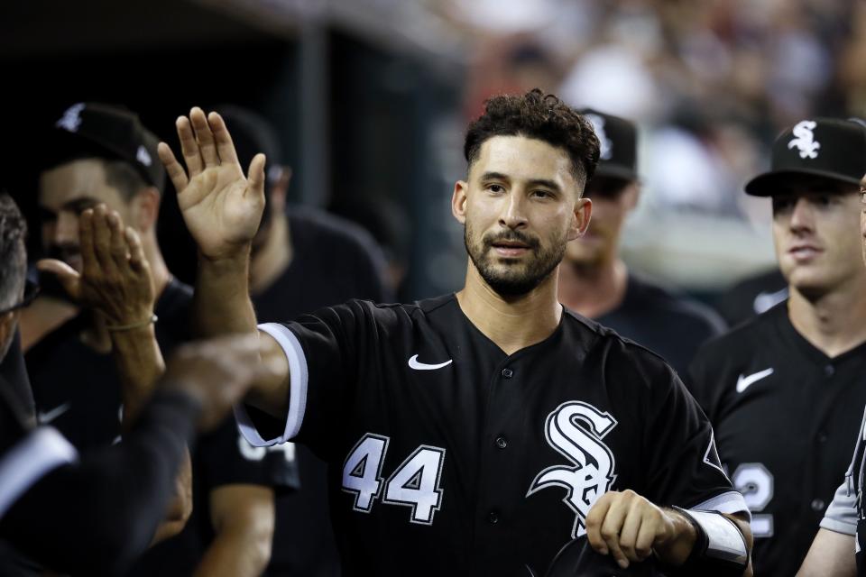 Chicago White Sox's Seby Zavala (44) celebrates after scoring during the 11th inning against the Detroit Tigers of a baseball game Saturday, Sept. 17, 2022, in Detroit. (AP Photo/Duane Burleson)