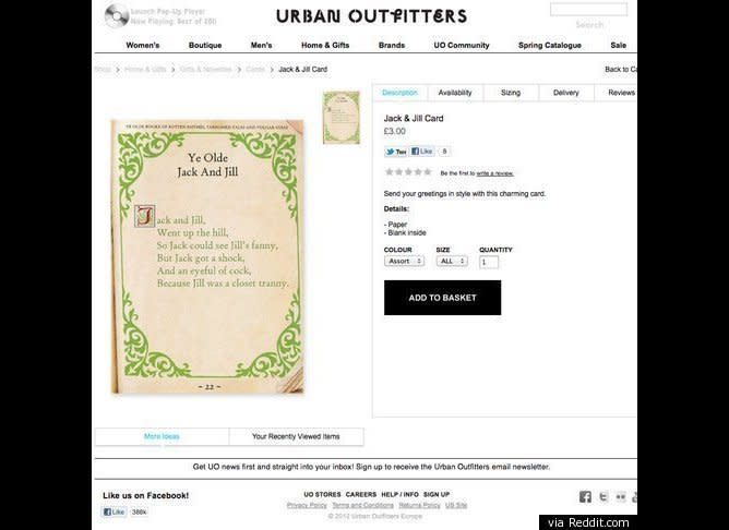 In March 2012, Urban Outfitters came under fire for a greeting card that was deemed transphobic by LGBT advocates.     (<a href="http://www.huffingtonpost.com/2012/03/19/urban-outfitters-tranny-greeting-card_n_1364589.html" target="_hplink">Urban Outfitters</a>)