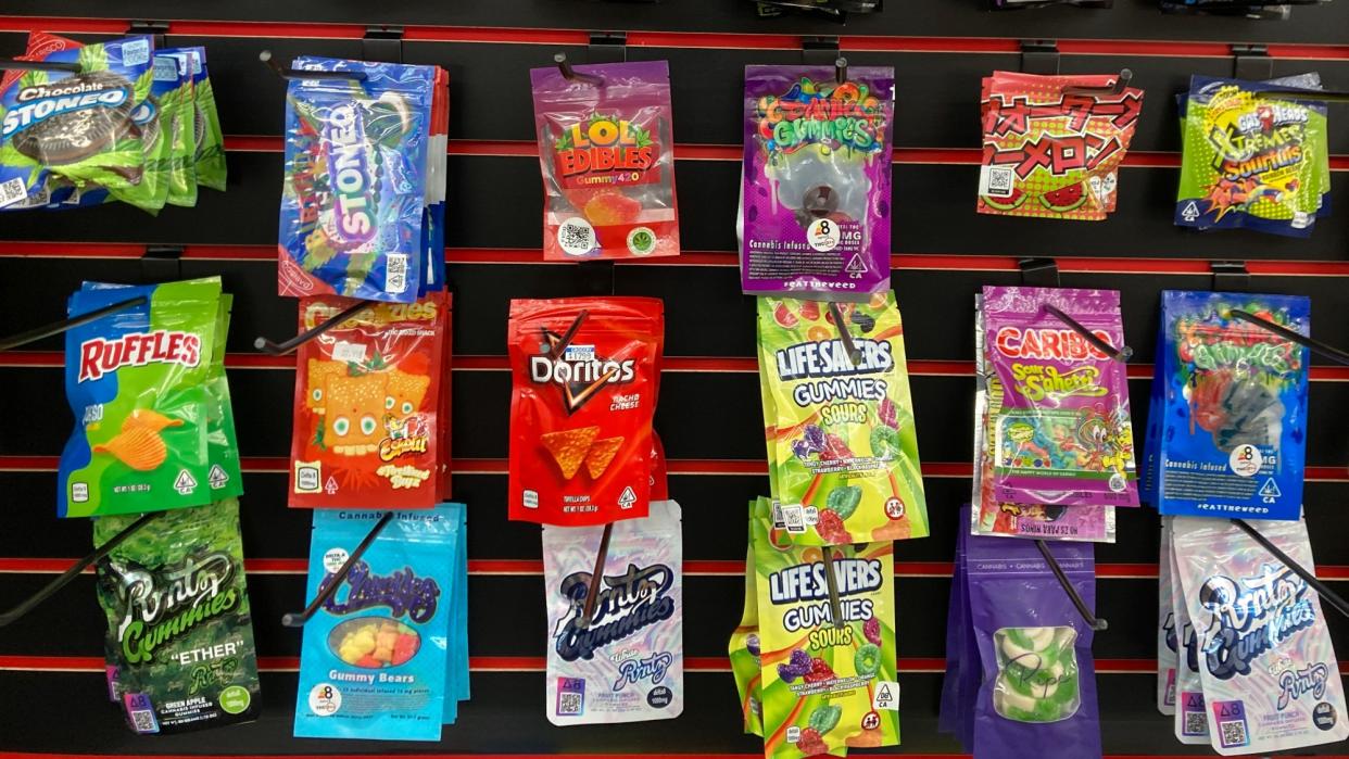  A wall of delta-8 snacks at a smoke shop. 